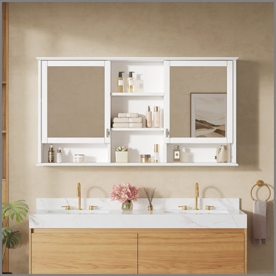 Armoire de rangement murale 55 po 2 en 1 avec tablettes réglables, charnières à fermeture en douceur, miroirs haute définition, pour meuble-lavabo, salon, rangement de chambre à coucher