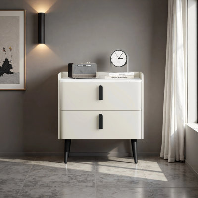 Table de chevet avec 2 tiroirs, table de chevet avec plateau en marbre, table d'appoint moderne pour la chambre à coucher, table de bout pour le salon, blanc