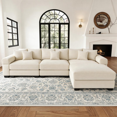 4 - Piece 130" Oversized Cloud Modular L-Shape Sectional Couch, Corduroy Fabric Upholstered Sofa With Ottoman, Deep Seat Wide Armrest Ergonomic Design