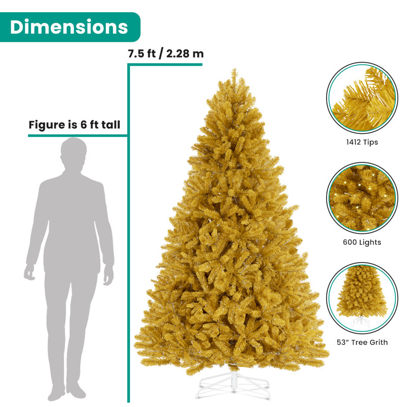 Traditional Gold Christmas Tree with Lights, Tree Prelit with Metal Stand, 7.5 ft