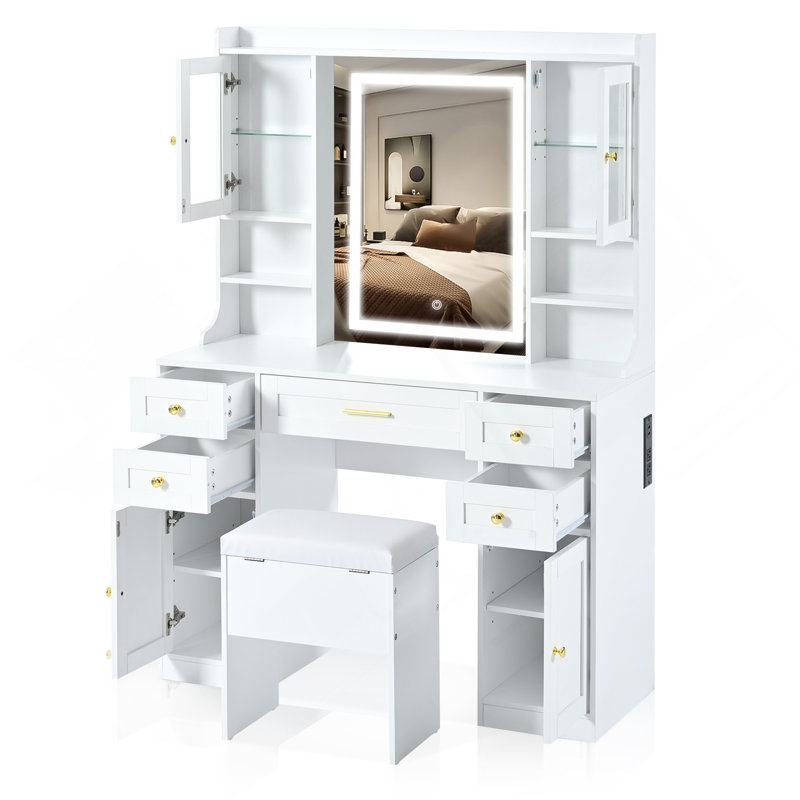 Meuble-lavabo de 41,4 po avec miroir et lumières, table de maquillage avec 5 tiroirs et 4 armoires, coiffeuse avec station de charge et tabouret de rangement rembourré pour la chambre à coucher, blanc