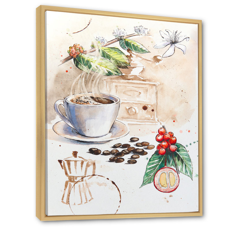 «Coffee in Hot Cup Coffee Redolent Set», reproduction de photo sur toile, H 40 po x l 30 po x P 1,5 po, Cadre flottant brun