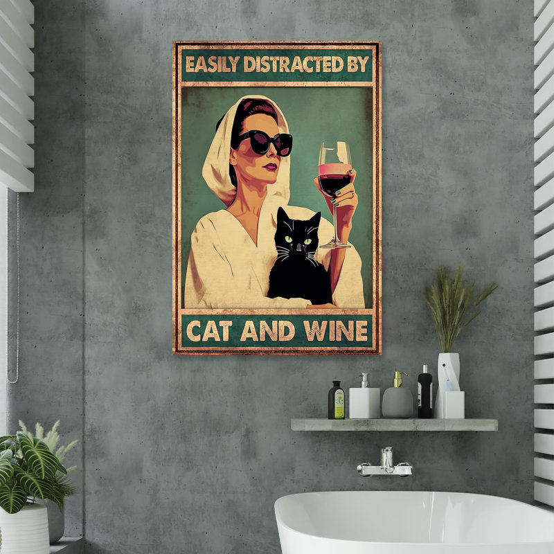 «Woman Easily Distract By Cat and Wine», impression sur toile tendue, L 16 po x H 20 po
