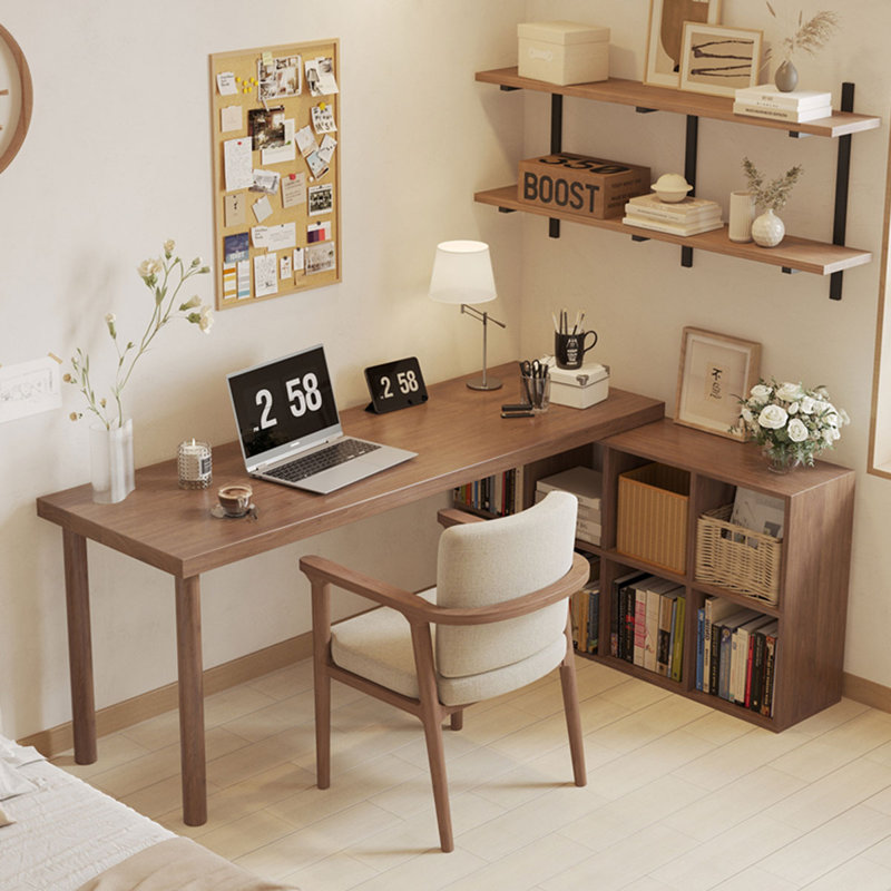 Light walnut L-Shaped Solid Wood desks, 29.53" H x 78.74" W x 23.62" D