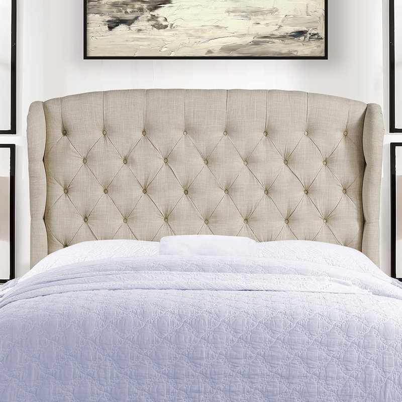 Lit tapissier en tissu, base de lit à hauteur réglable capitonnée, Beige, Grand