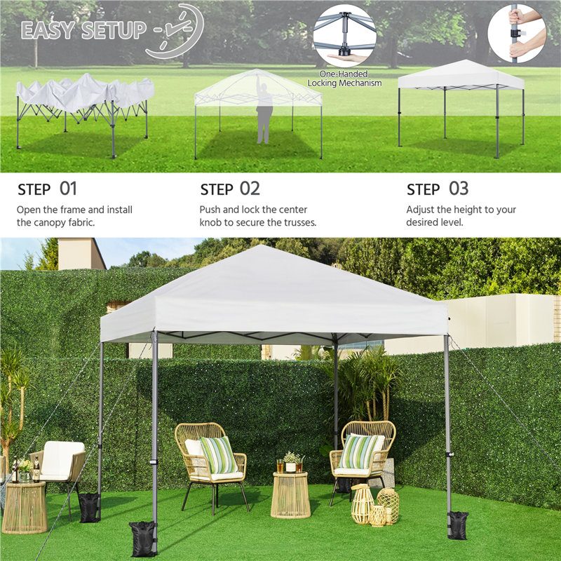 Multi-sized Pop-up Canopy with One-Push-To-Lock Setup Mechanism, 10' W x 10' D, White