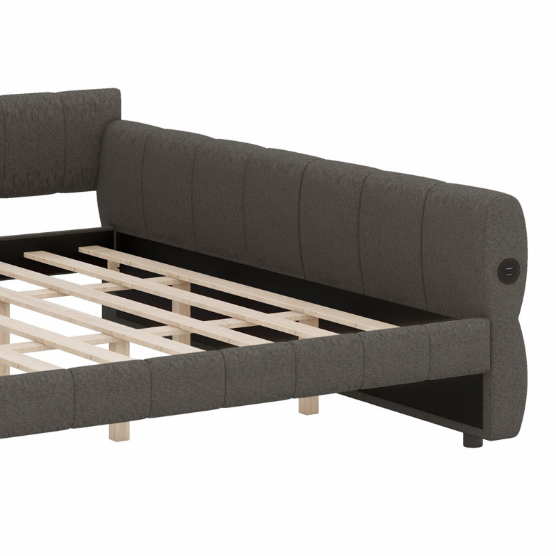Sturdy Upholstered Platform Bed Frame with USB Charging, Gray