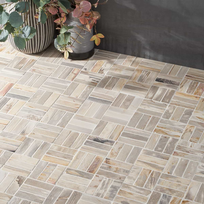 Fossil 12x12 Basketweave Satin Tumbled Petrified Stone Mosaic Tile