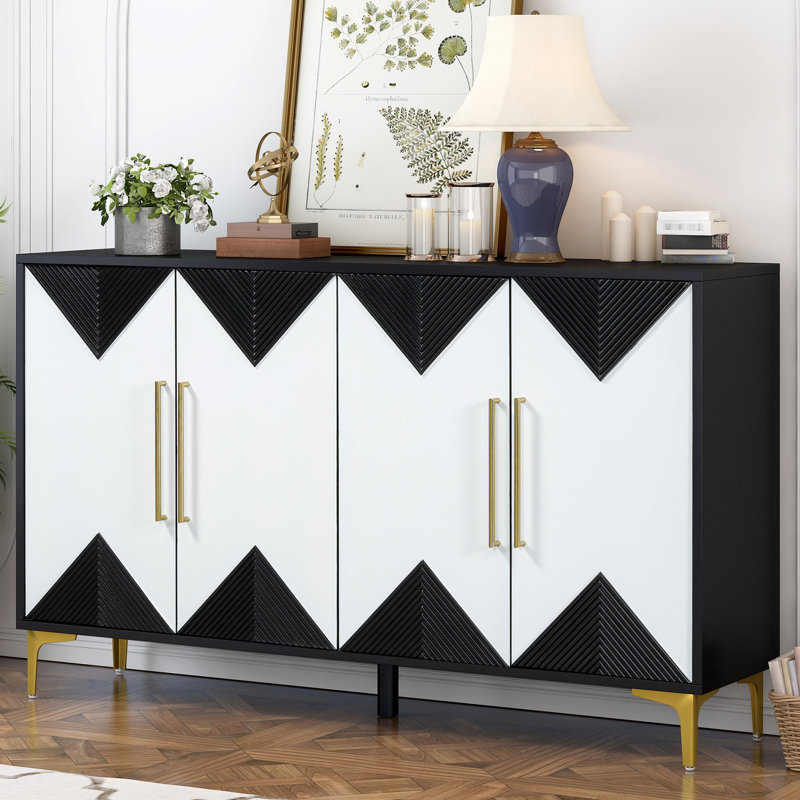 Modern Cabinet With Construction - Spacious Shelves & Chic Four-door Triangular Pattern Versatile, Black/White