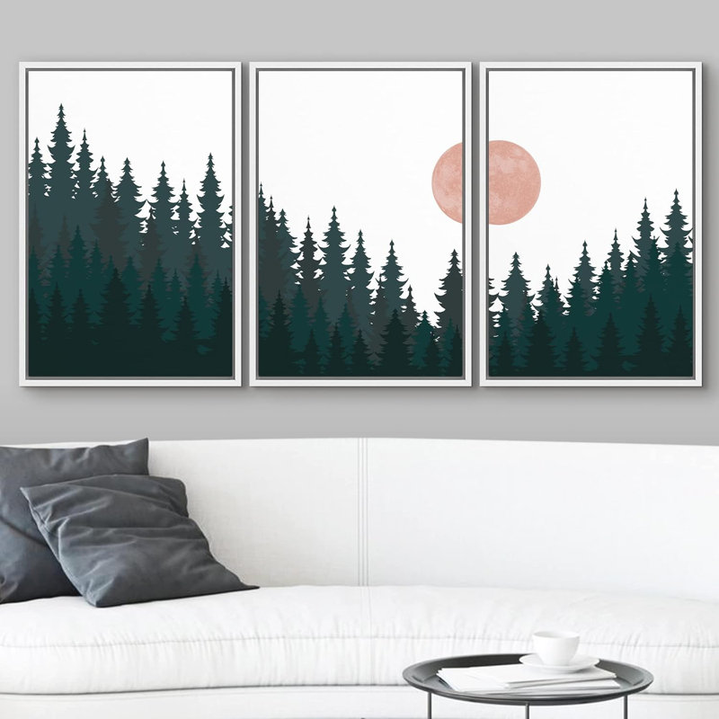 Forest Mist " Woodland Nursery Decor Sun Forest Landscape Minimalist Home Decor " 3 Piece Art Print, Blanc