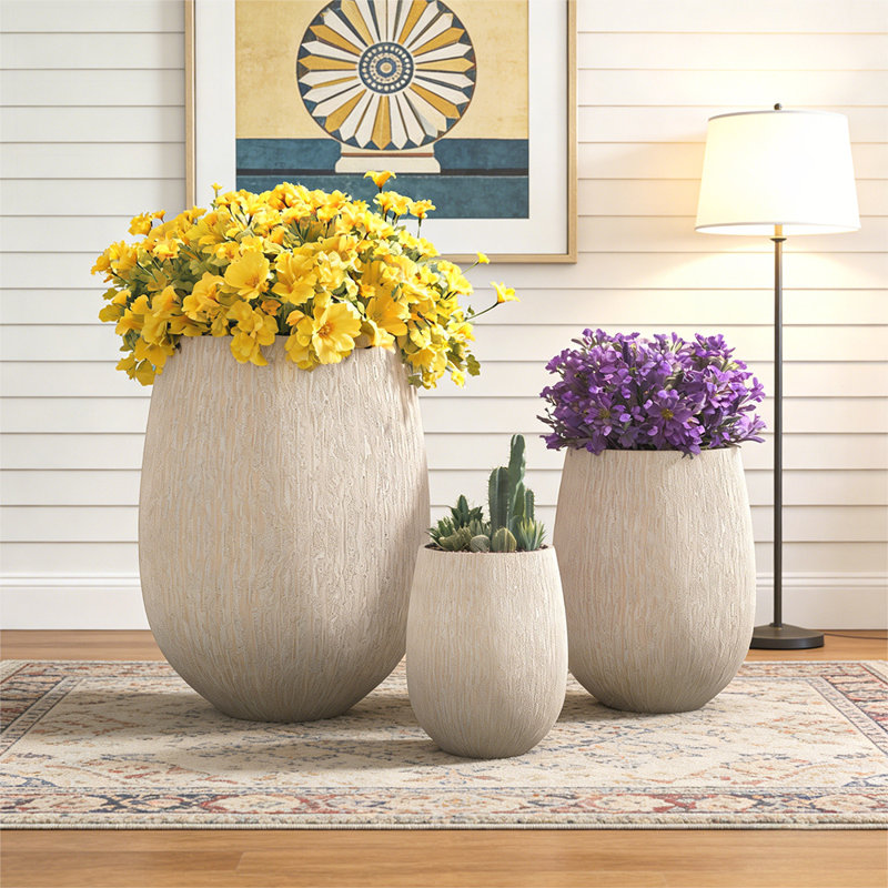 Egg-Shaped Lightweight MGO Outdoor Planter Set of 3, Modern Stone-Look Textured Flower Pots with Drainage Holes and Rubber Plug, Suitable for Patio