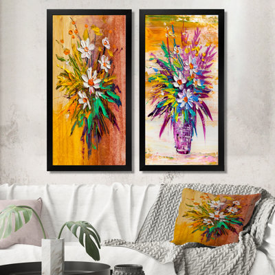 «Modern Bouquet of Daisy Flowers II», ensemble de 2 peintures sur toiles