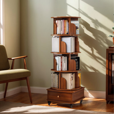 Bibliothèque rotative avec tiroir, bibliothèque d'angle à 5 niveaux à 360 degrés pour les petits espaces, étagère de rangement sur pied au sol, étagère en bois étroite pour la chambre à coucher et le salon