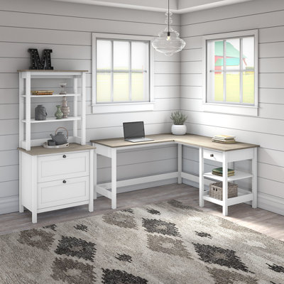 Bureau d'ordinateur en L 60 W avec classeur latéral et huche Mayfield en blanc pur et gris Shiplap