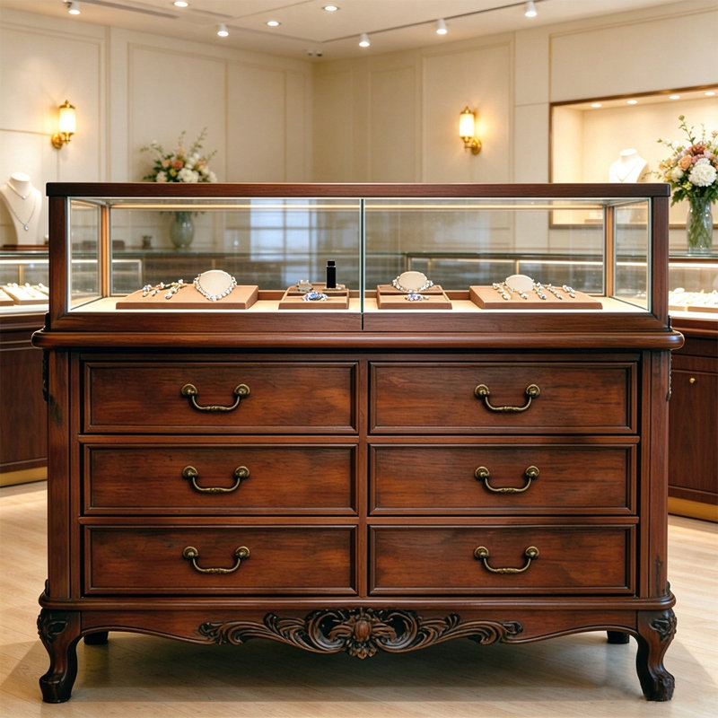 Armoire de rangement pour bijoux en bois massif noisette avec compartiments de style tiroir