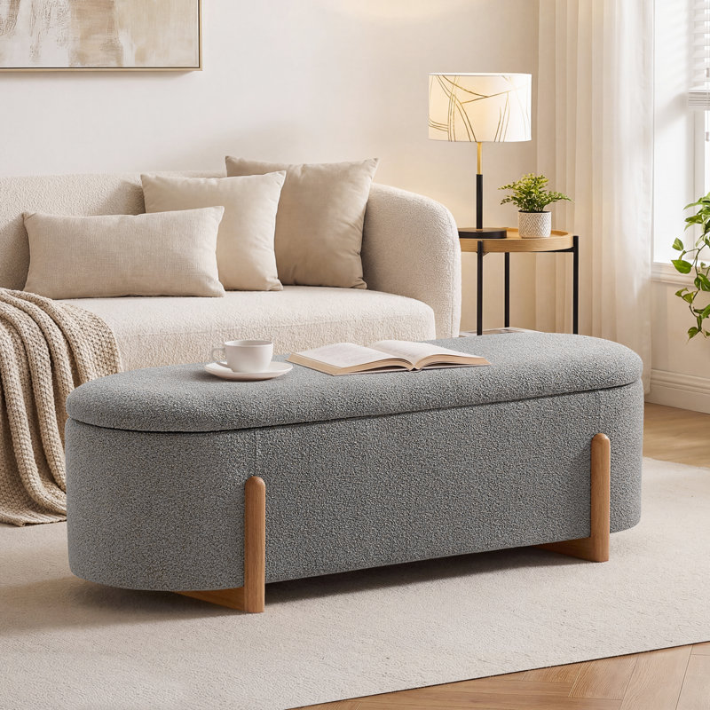 51.2"W Upholstered Boucle Flip Top Storage Bench, Light Gray