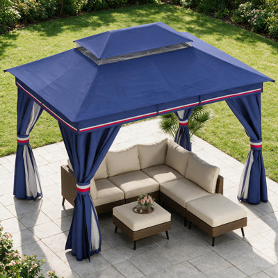 13 pi. L 10 pi. D Pavillon de jardin en acier avec double toit souple, rideaux et moustiquaire
