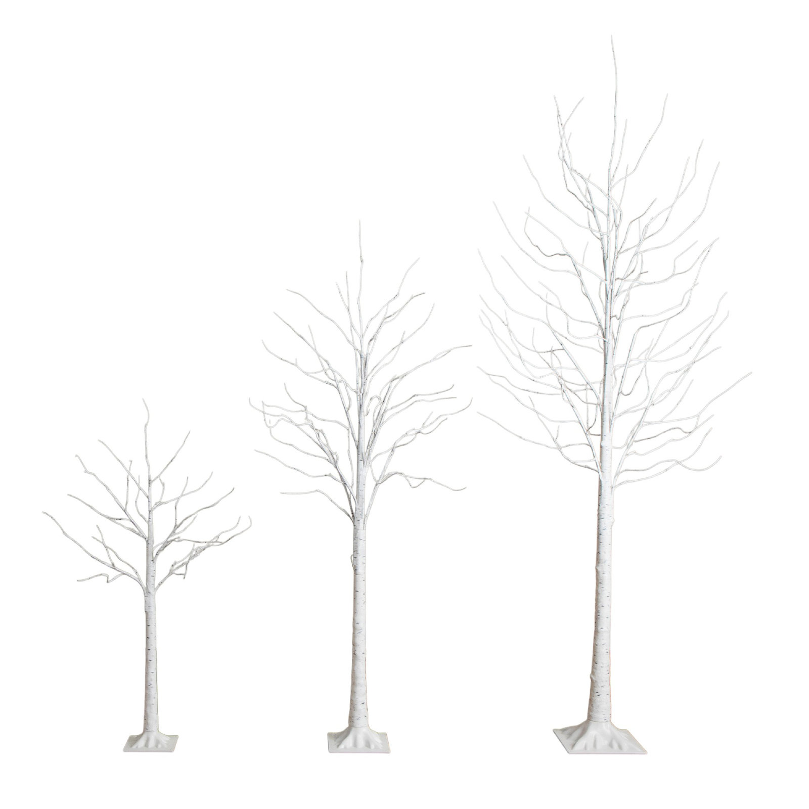 4Ft. 6Ft. 8Ft. Pre-Lit Artificial White Birch Trees With LED Lights - Set Of 3, White, 96'' H X 28'' W X 28'' D