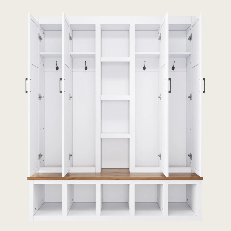 62.9” W Farmhouse 4-in-1 Hall Tree with 6 Hanging Hooks, Mudroom Wood Grain Bench with Open Compartments – Entryway Shoe Cabinet with Seating Bench for Living Room, Hallway, Large Capacity Farmhouse Organizer, Anti-Tipping