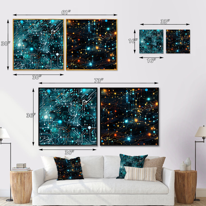 Ciclaly - Ensemble de 2 collages abstraits carrés, Cadre flottant noir, H 16 po x l 33 po