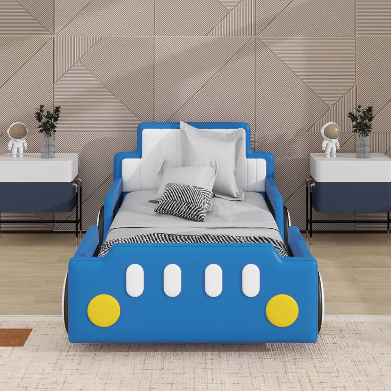 Lit plateforme simple en forme de voiture avec roulettes, Bleu