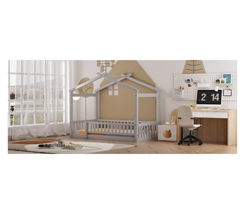 Structure de lit simple avec clôture et toit - Lit en bois gris pour enfants, maisonnette pour garçons et filles, Lit simple