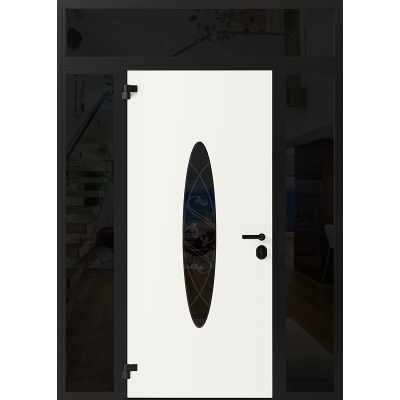 Porte d'entrée extérieure prémontée en acier Ronex 1277, émail noir, avec deux fenêtres latérales et supérieures, imposte latérale, inserts en acier inoxydable. Style moderne, peinturé, largeur 40,6 + 91,4 + 40,6 cm x hauteur 203,2 + 40,6 cm, ouverture à droite vers l'intérieur.