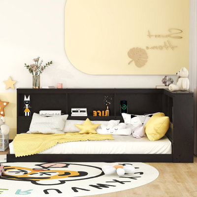 Lit de jour simple en bois avec armoires de rangement et ports USB, espresso (ancien SKU: GX000354AAP)