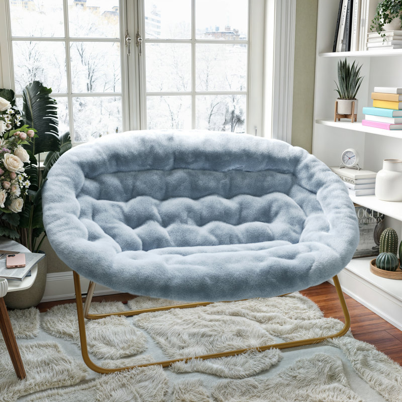Folding Double Saucer Chair With Steel Frame, Blue Polyester