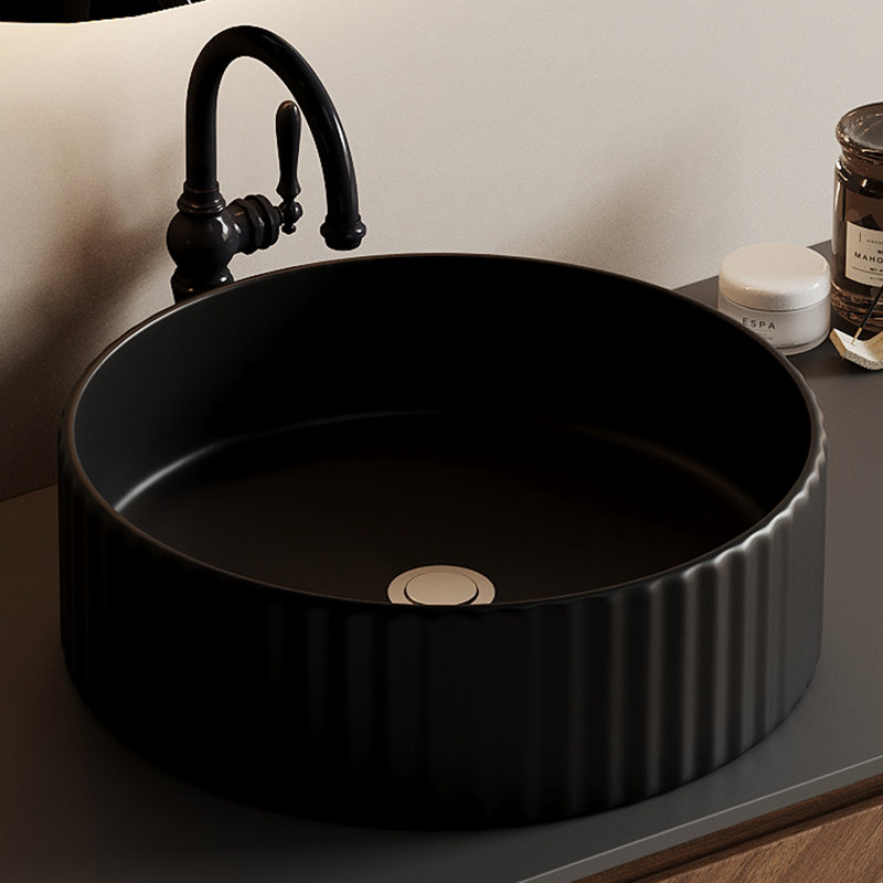 Évier vasque rond noir en céramique, conception linéaire moderne, avec ensemble de bonde, H 4 po x l 14 po, pour trou de comptoir de 3,35 po