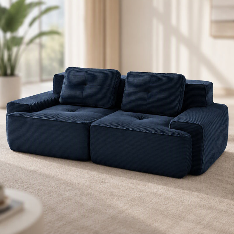 Canapé modulaire en forme de L 82 po avec assise profonde, tissu velours côtelé, conception capitonnée et base antidérapante, 82 po, sans assemblage requis, bleu