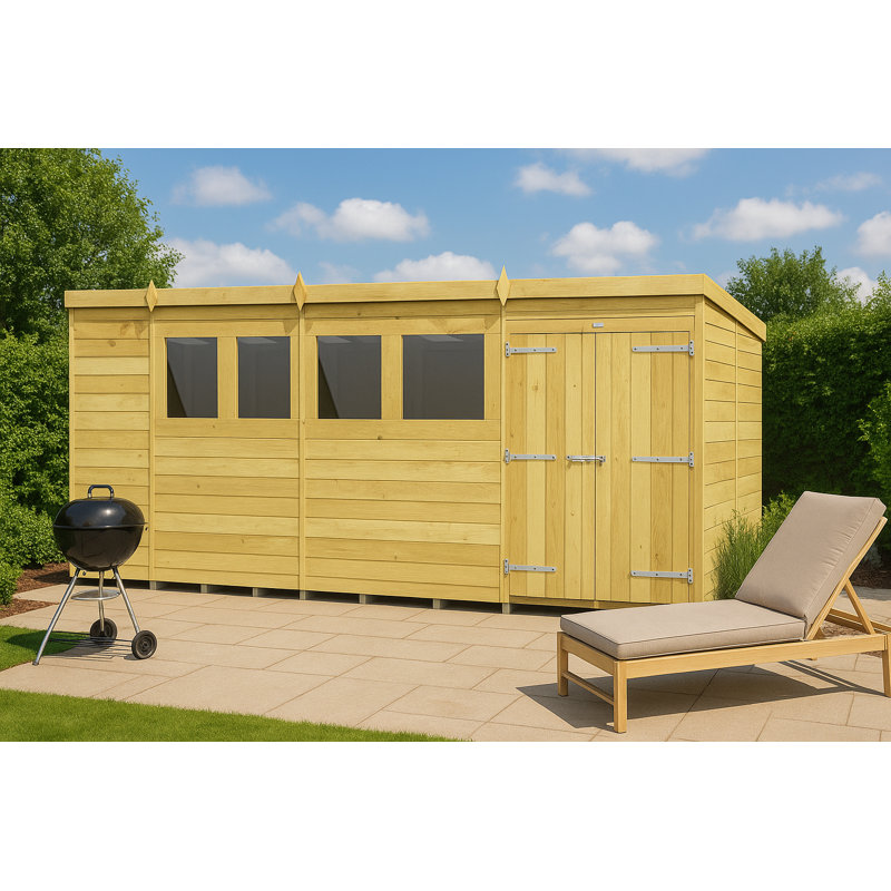 14ft x 8ft Pent Shed - Double Door with Windows