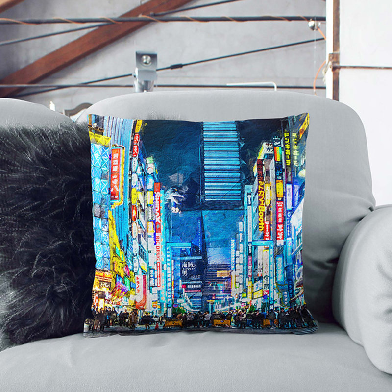 Bright Lights Of Tokyo In Abstract Square Throw Cushion, Black, 40cm H x 40cm W x 15cm D