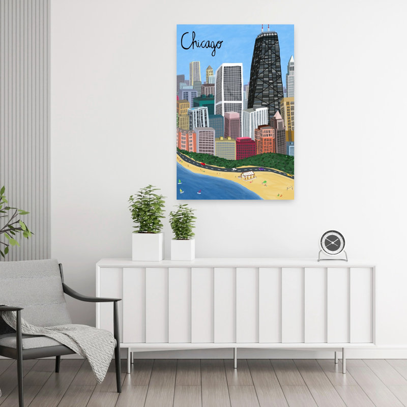 Chicago City With Beachfront On Lake Michigan By Artist Carla Daly Abstract Contemporary Architecture Beach Wall Art 1 Piece Wrapped Canvas Wall Art