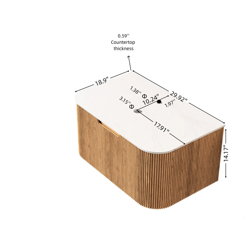 Meuble de salle de bain mural moderne de 76 cm (30 po) avec comptoir en marbre artificiel blanc, tiroir à finition texturée à motif naturel 3D, intérieur en contreplaqué rayé.