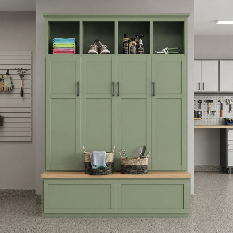 Meuble de rangement de garage de 190 cm de haut avec banc, 4 placards, 2 tiroirs et 6 crochets, vert sauge, Vert sauge