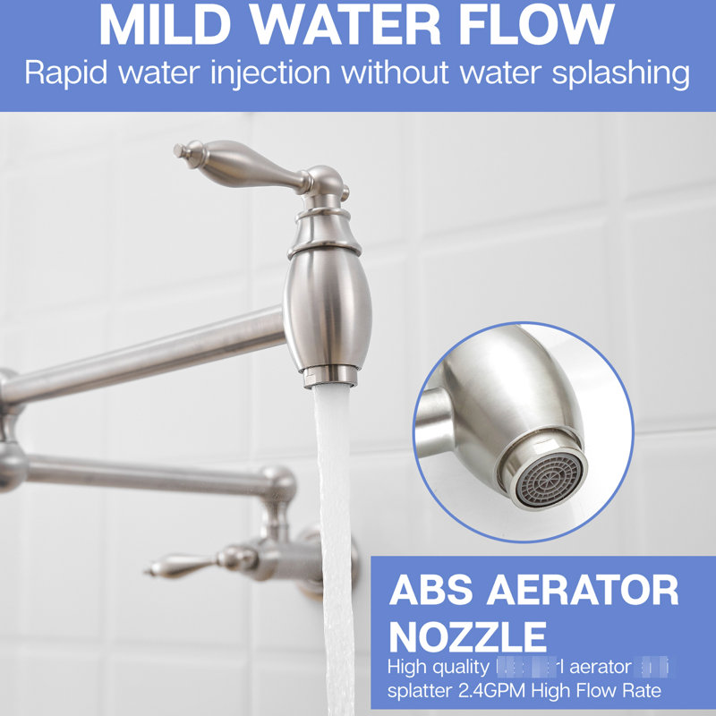 Wall Mount Pot Filler, Commercial Kitchen Faucet, Brass Double Jointed Swing Spout, Style A, And Low - Maintenance, Smooth Action, 360 Spout Movement Material, Stretchable Joint