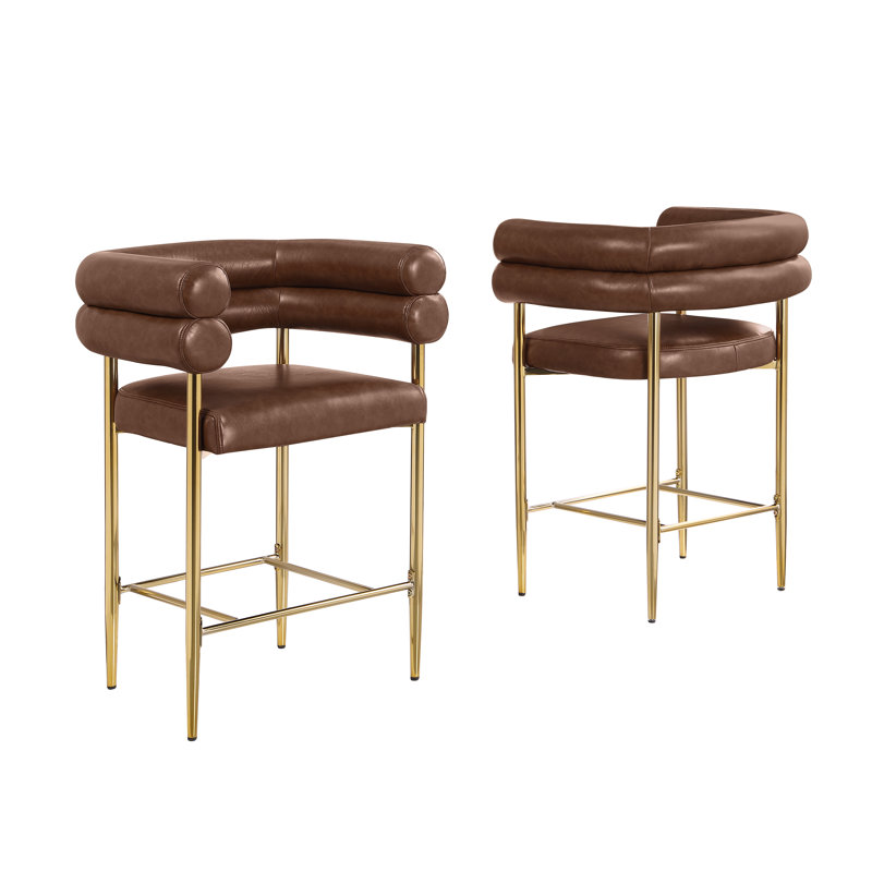 Leathaire Counterheight Chairs With Gold Chrome Base, Mocha