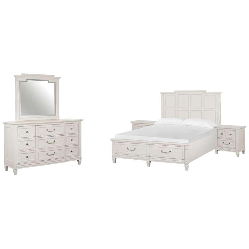 Table de chevet avec commode 2 tiroirs avec miroir de paysage Murtagh, 5 Pcs: Bed, 2 Nightstands, Dresser, Mirror, Très grand