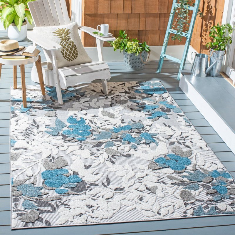Tapis intérieur / extérieur à motif floral gris / noir Latifah, Rectangle 5 pi 5 po x 7 pi 7 po