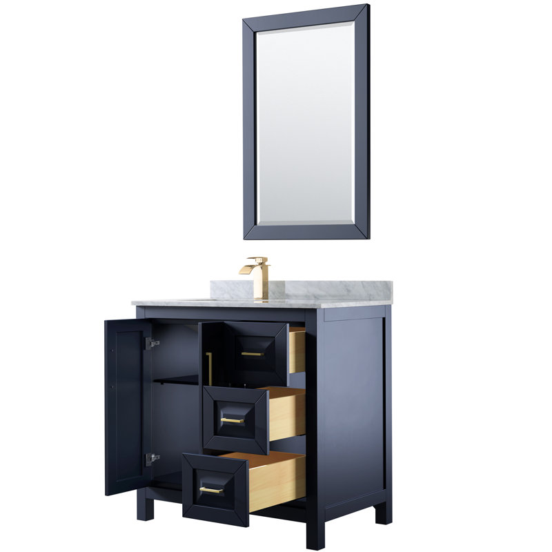 Daria 36'' W Single Vanity, White Marble, Dark Blue/Gold, Matte Black