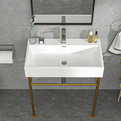 Lavabo de salle de bain autoportant en céramique à console rectangulaire avec un trou de robinet, une planche à laver et un support en acier inoxydable