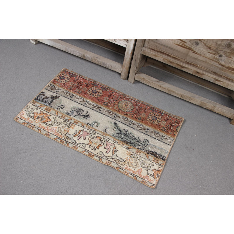Vintage Turkish Rug Featuring Vibrant Patchwork Oushak Design and Floral Pattern Perfect for Entryways and Small Spaces