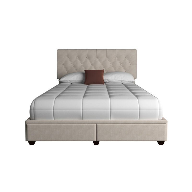 Grand lit de rangement rembourré beige avec 2 tiroirs spacieux