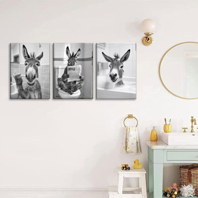 Funny Donkey Bathroom Canvas Wall Art Cute Animal Bathroom Decor Pictures Artwork Donkey On Toilet Bath Brushing Teeth Poster Prints For Wc Toilet Home Decoration Prepare To Hang