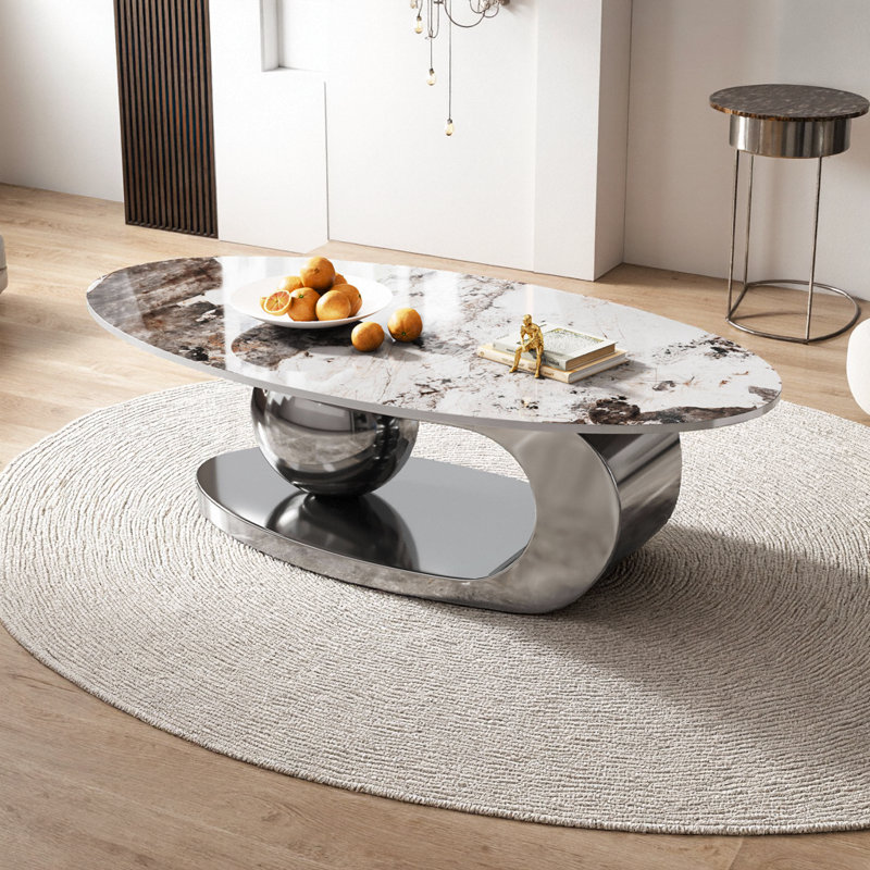 Table basse contemporaine ovale en pierre frittée avec base en acier inoxydable, Gris, blanc et multicolore