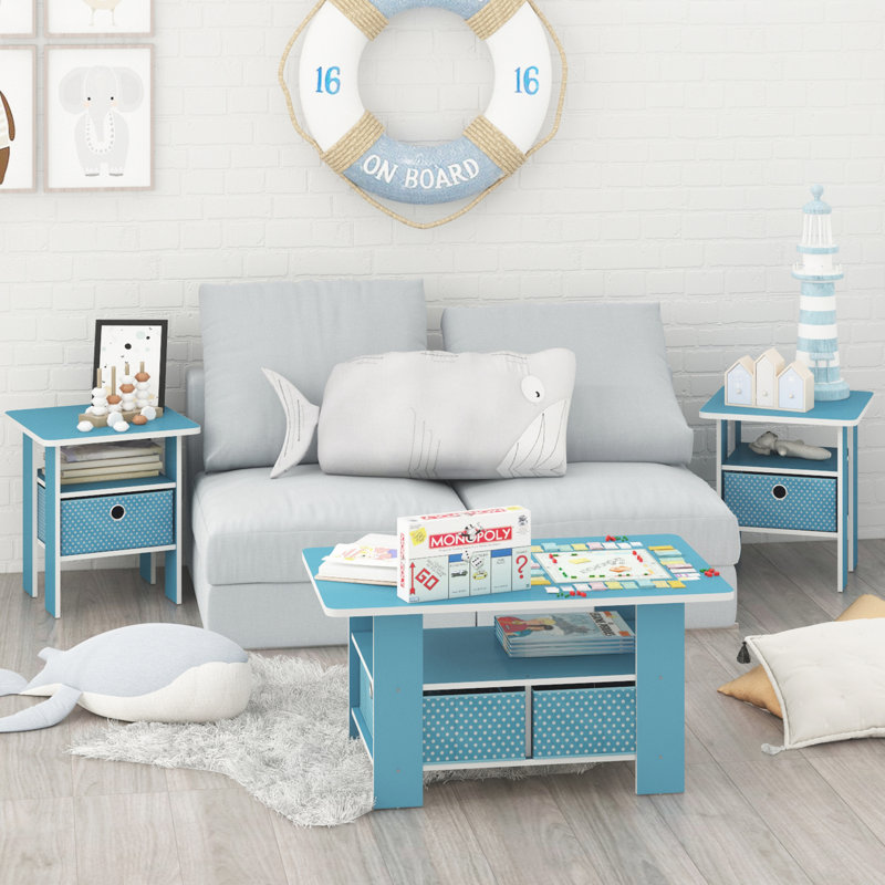 Kenton Coffee Table with Bin Drawer, Light Blue Top/Light Blue Base
