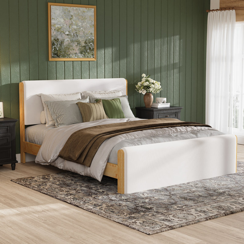 Lit plateforme avec tête de lit et pied de lit en bois naturel Trancy, Grand lit