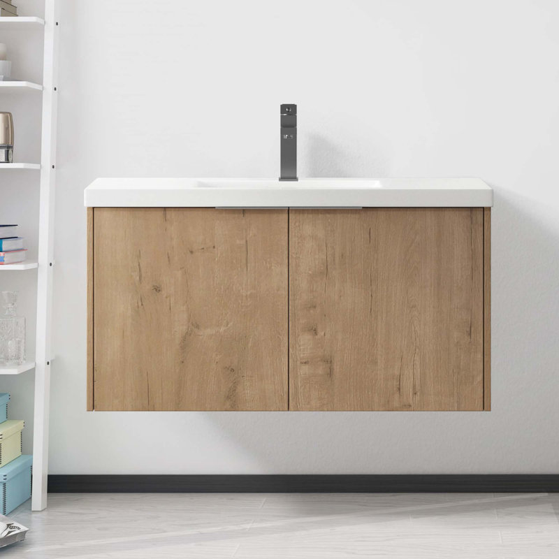 Meuble-lavabo à fixation flottante avec lavabo, Chêne, 36"