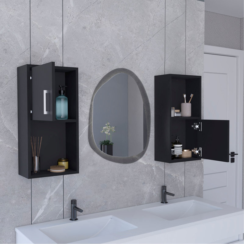 2-Pc Wall-Mounted Bathroom Medicine Cabinet With Open And Closed Storage, Black